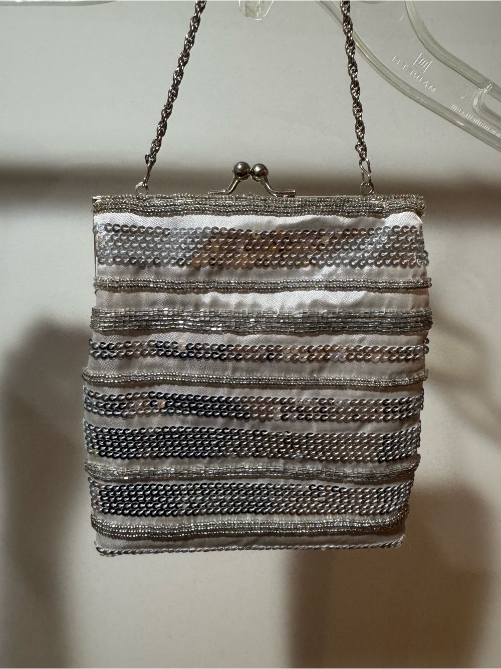 Silver Beaded Mini Evening Bag with Chain Strap